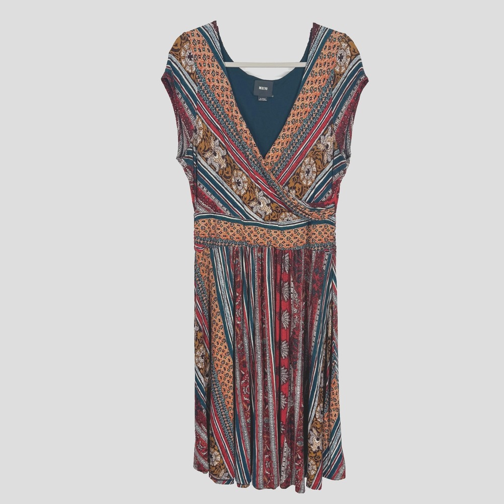 Maeve Anthropologie Dress XL Faux Wrap Stretch Rust Navy Boho Fall Pattern